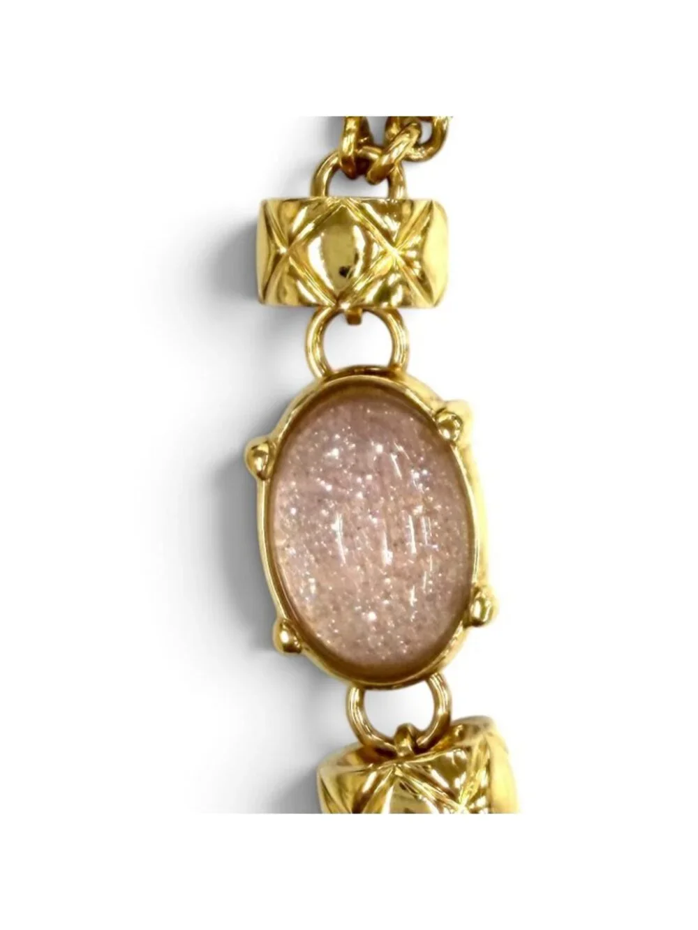 Chanel CC Logo Eco Pearl Stone Crush Chain Necklace Gold Pink White